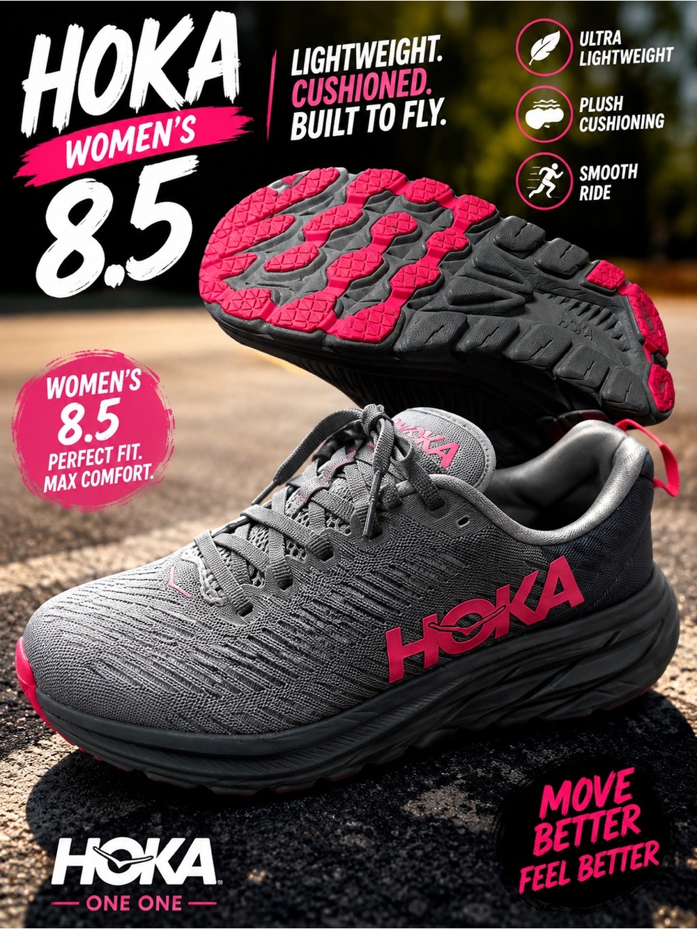 Hoka Women’s Gray and Pink Athletic Running Shoes